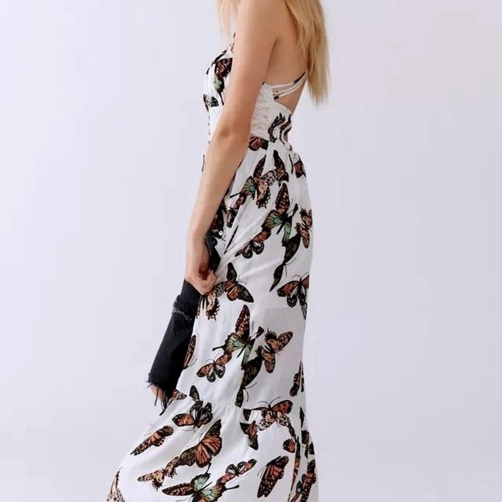 Butterfly Print Lace Trim Button Front Maxi Dress White Boho